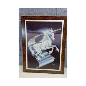 Vintage 1980s Unicorn Fantasy Art Print On Press Board White Horse Ferraro